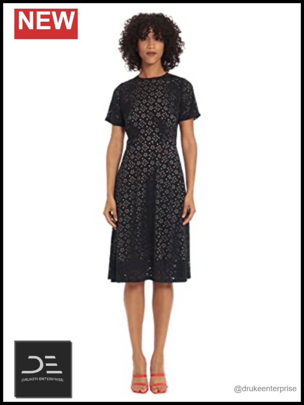 Floral Laser Cut A-line Dress Crew Neck Short Sleeve Knee Length